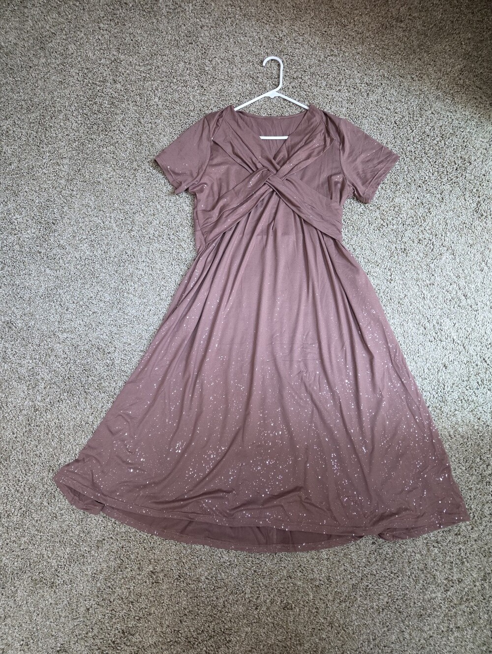 Beautiful Women's Large Dusty Rose Twist-Front SPARKLE Short Sleeve Dress